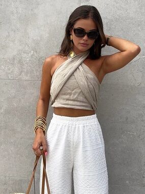 Cotton & Line Crisscross Halter Khaki Top XS